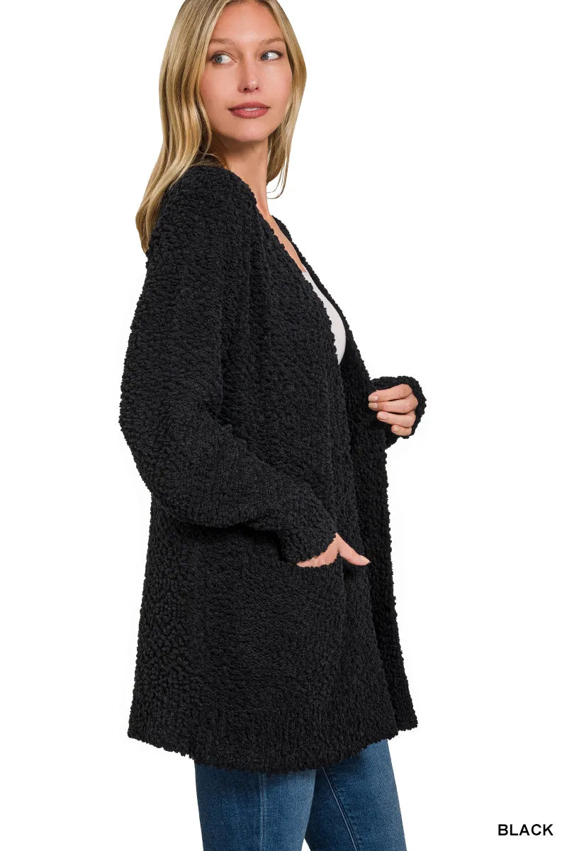 Zenana Long Sleeve Popcorn Sweater Cardigan with Pockets-1