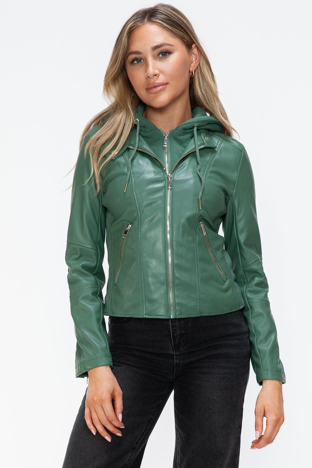 Salvia Ettore Faux Leather Zip Up Drawstring Hooded Jacket-0