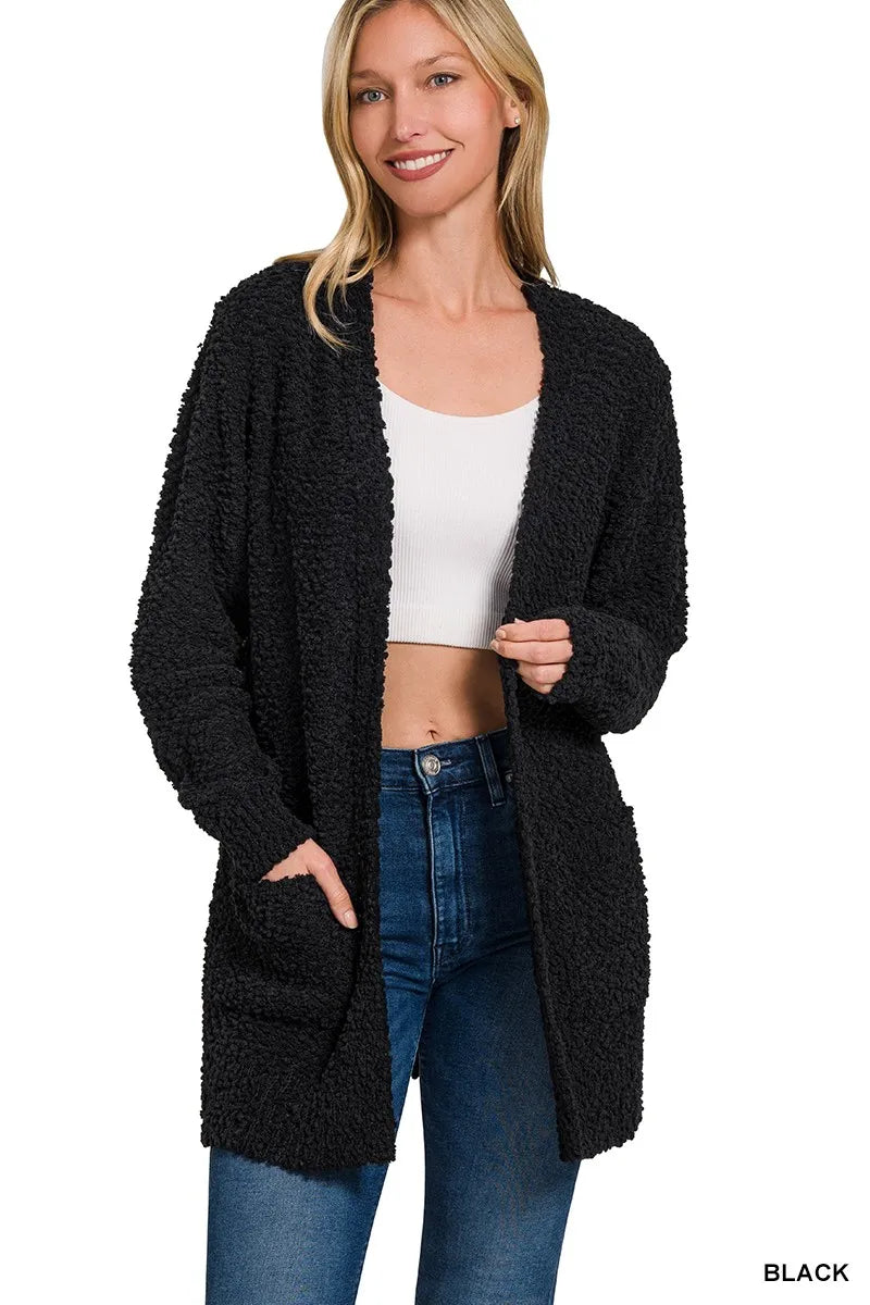 Zenana Long Sleeve Popcorn Sweater Cardigan with Pockets-0