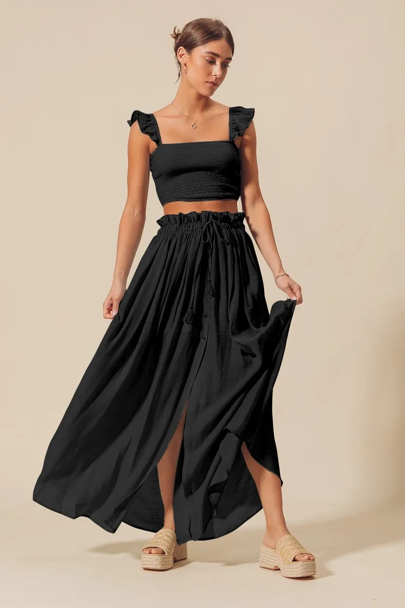 SO ME Smocked Top and Flowy Maxi Skirt Set-0