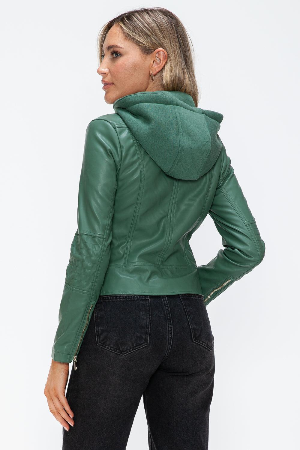 Salvia Ettore Faux Leather Zip Up Drawstring Hooded Jacket-2