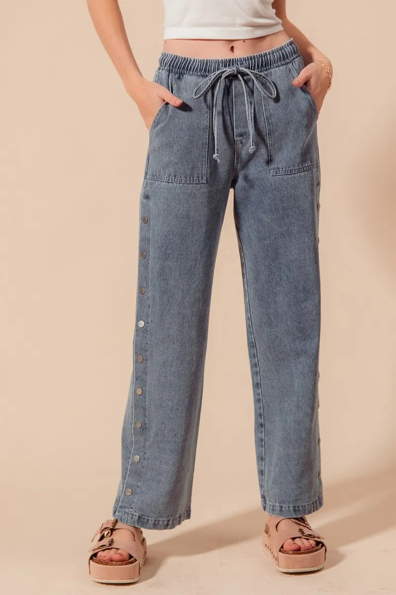 SO ME Mid Rise Drawstring Jeans with Side Snap Button-3