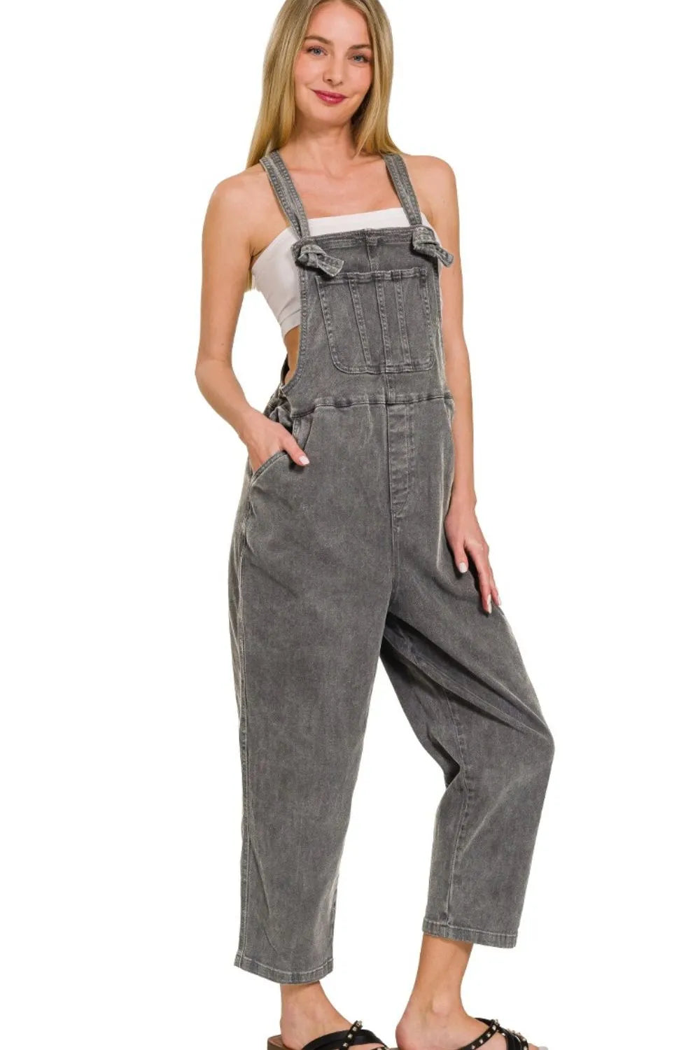 Zenana Washed Knot Strap Relaxed Fit Overalls-0