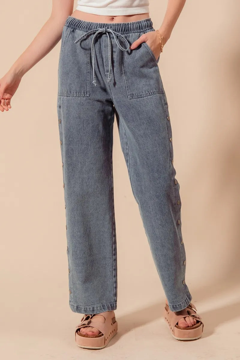 SO ME Mid Rise Drawstring Jeans with Side Snap Button-4