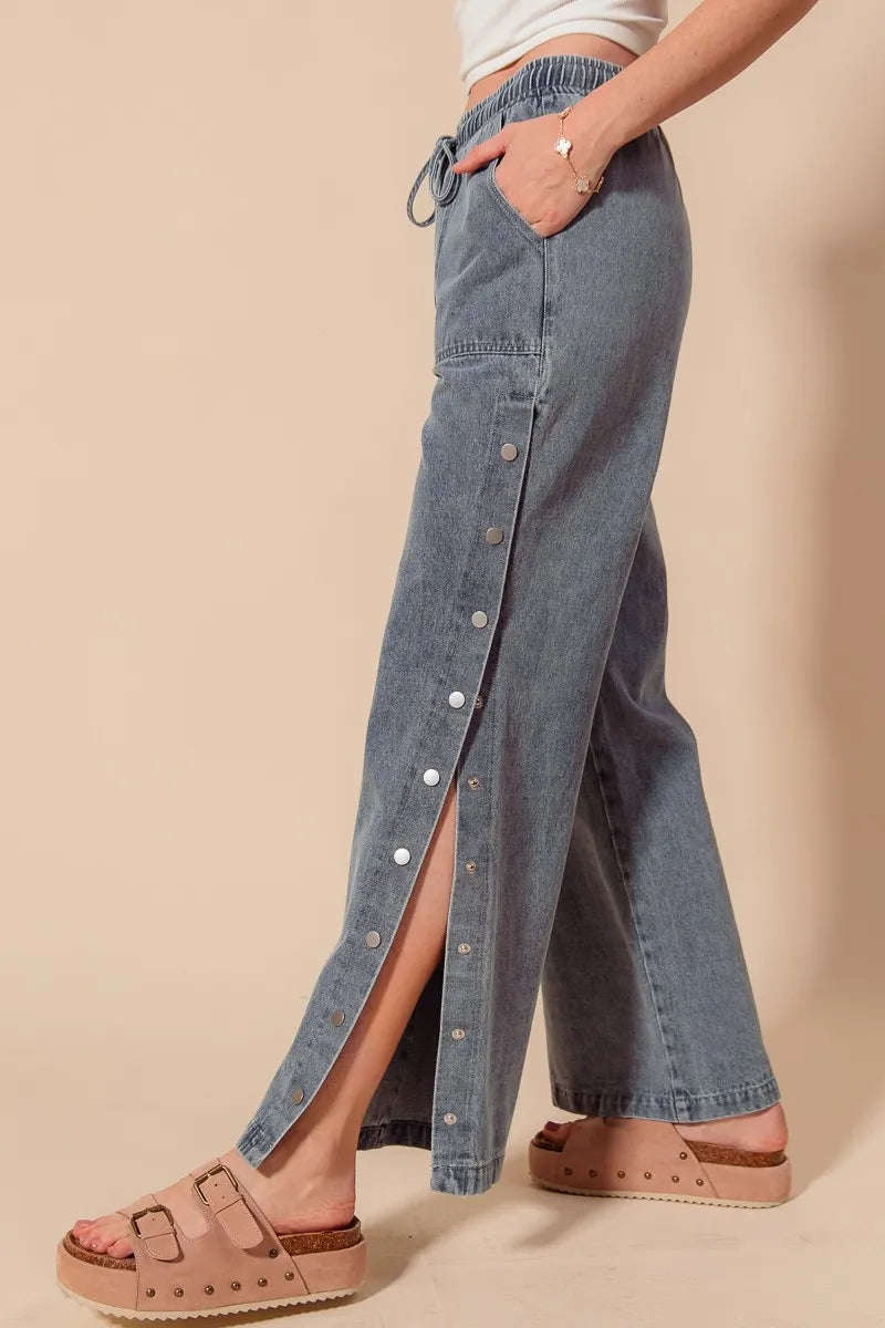 SO ME Mid Rise Drawstring Jeans with Side Snap Button-1