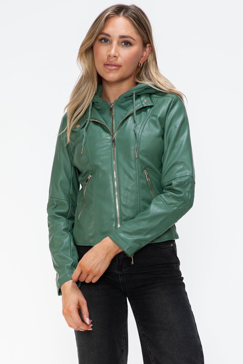 Salvia Ettore Faux Leather Zip Up Drawstring Hooded Jacket-3
