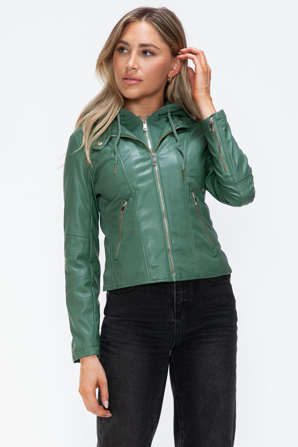 Salvia Ettore Faux Leather Zip Up Drawstring Hooded Jacket-4