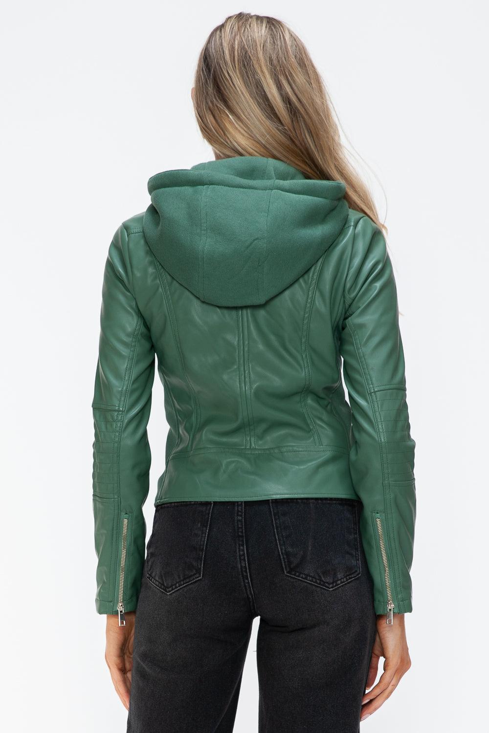 Salvia Ettore Faux Leather Zip Up Drawstring Hooded Jacket-1