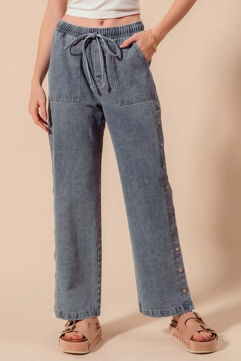 SO ME Mid Rise Drawstring Jeans with Side Snap Button-0