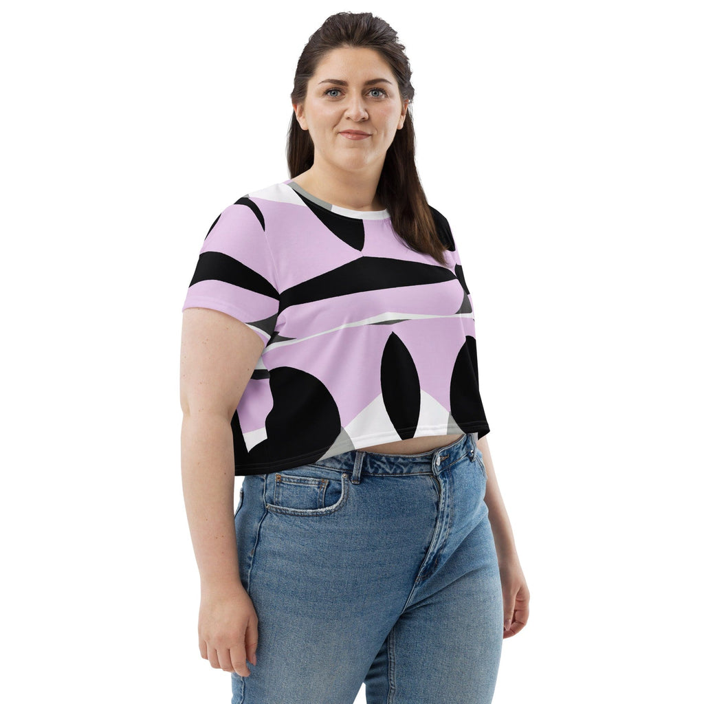 Womens Stretch Fit Crop Tee T-shirt Jersey - Geometric Lavender and Black