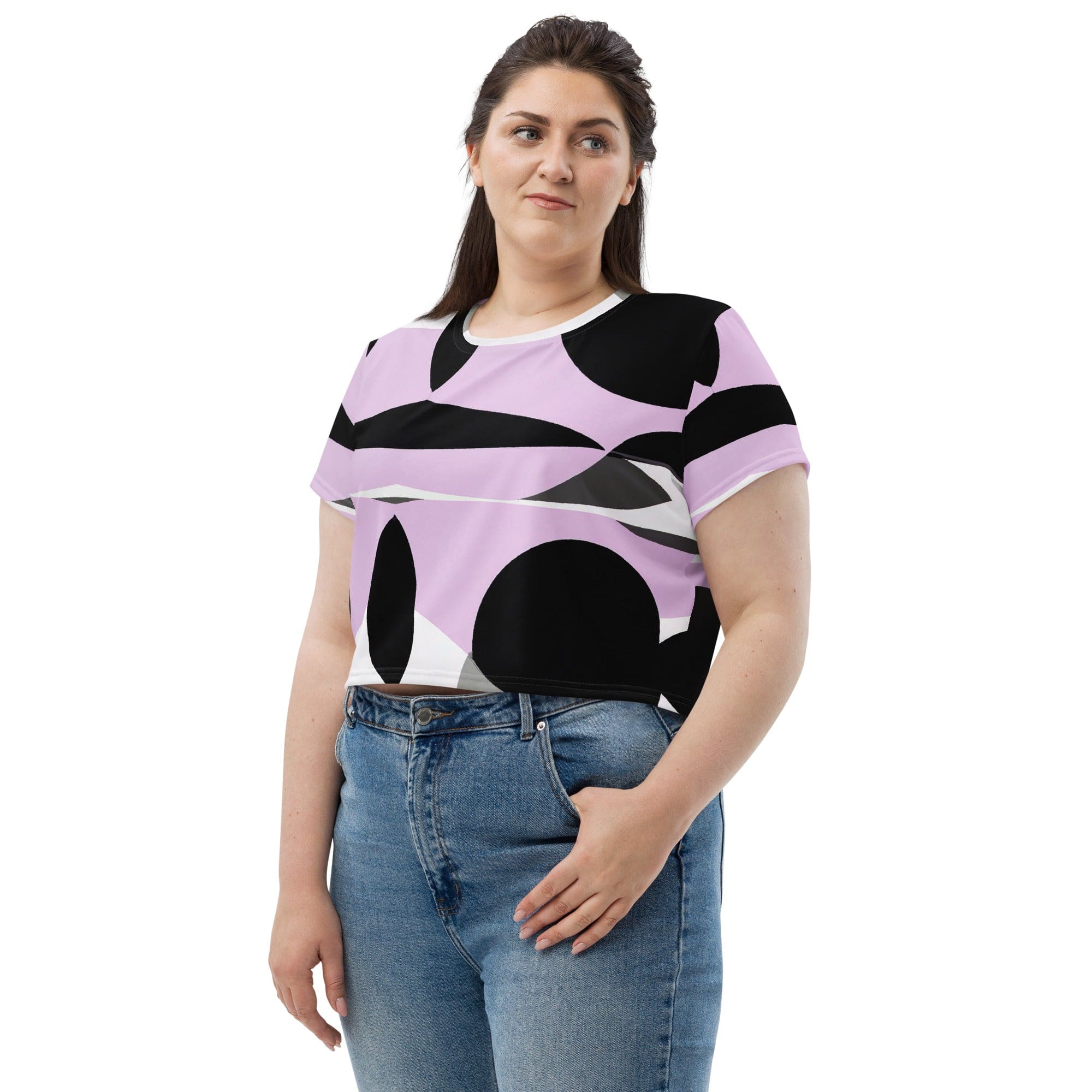 Womens Stretch Fit Crop Tee T-shirt Jersey - Geometric Lavender and Black