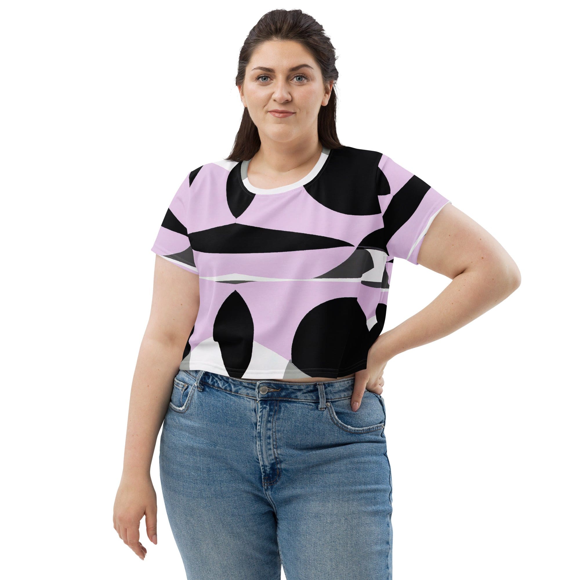 Womens Stretch Fit Crop Tee T-shirt Jersey - Geometric Lavender and Black